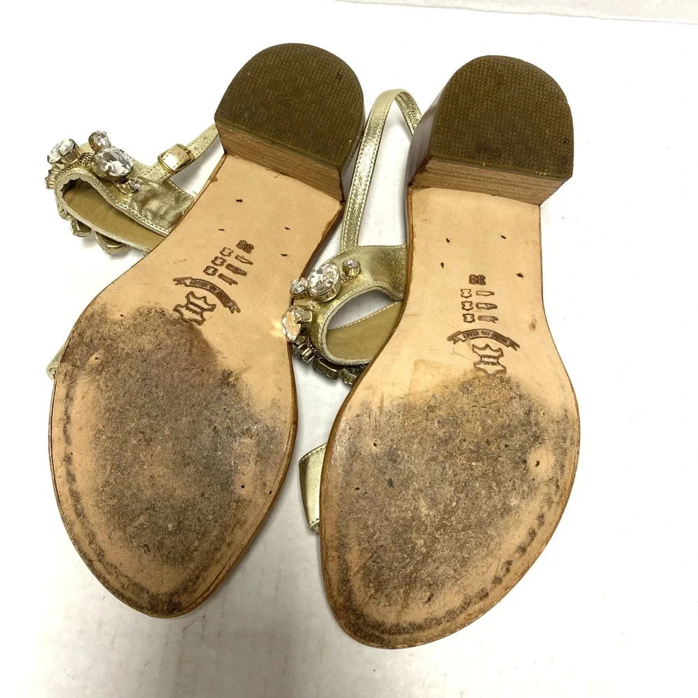 Capri Chic Sandal Gold Leather Crystal Rhinestone Open Toe Block Heel Two Strap